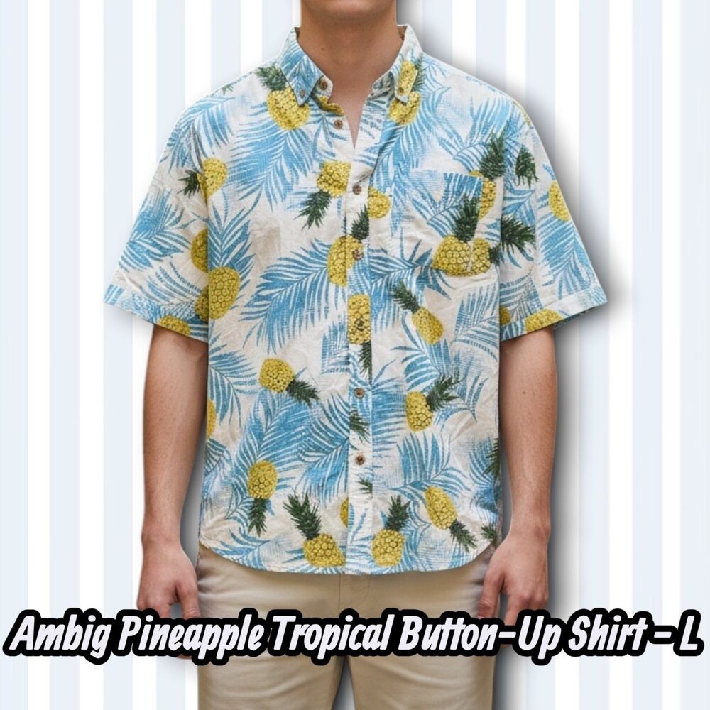 Preowned Ambig Pineapple Tropical Button-Up Shirt Men’s Large Short Sleeve Hawai